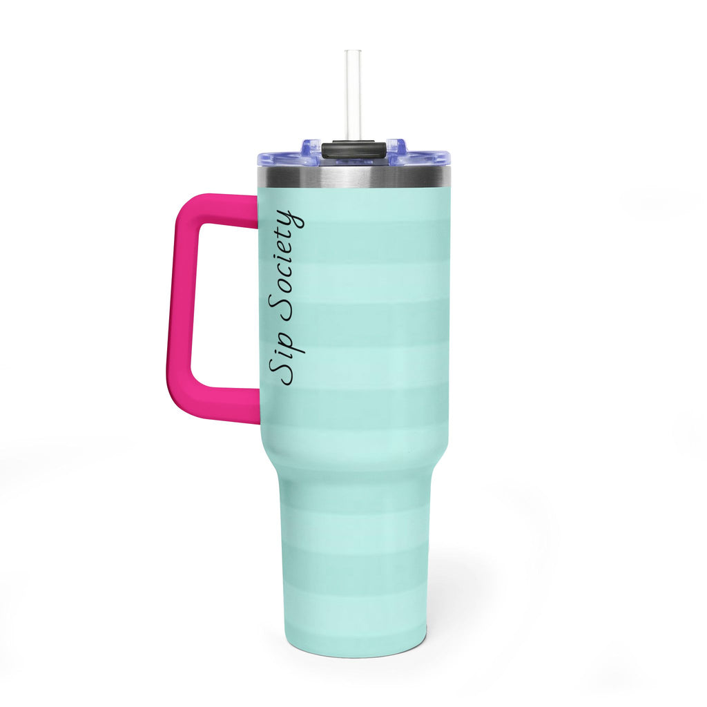 40oz Mint Stripe Vacuum Tumbler — 'Sip Society' Insulated Travel Mug  with sip society script