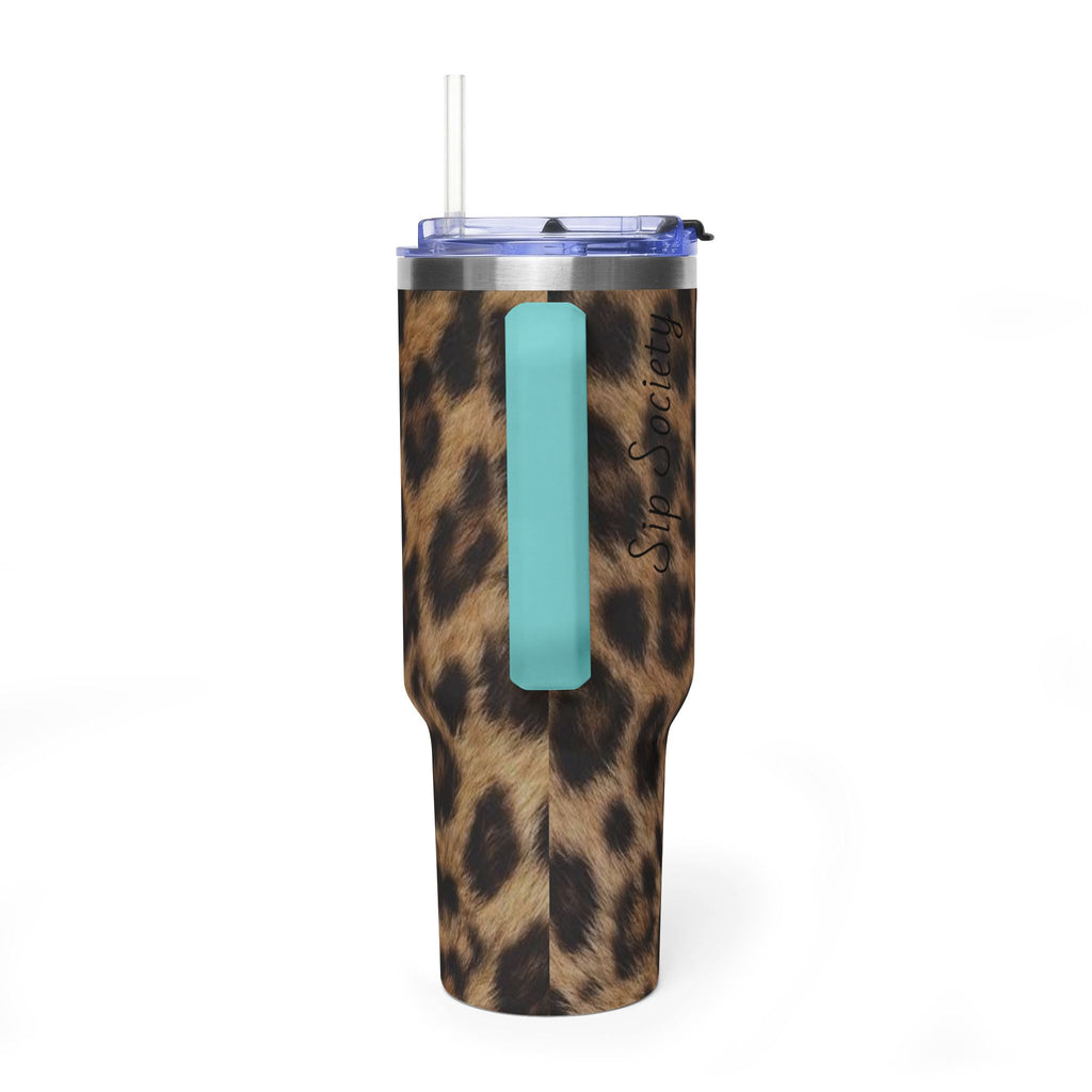 40oz Leopard Print Vacuum Tumbler — Insulated Travel Mug with sip society script