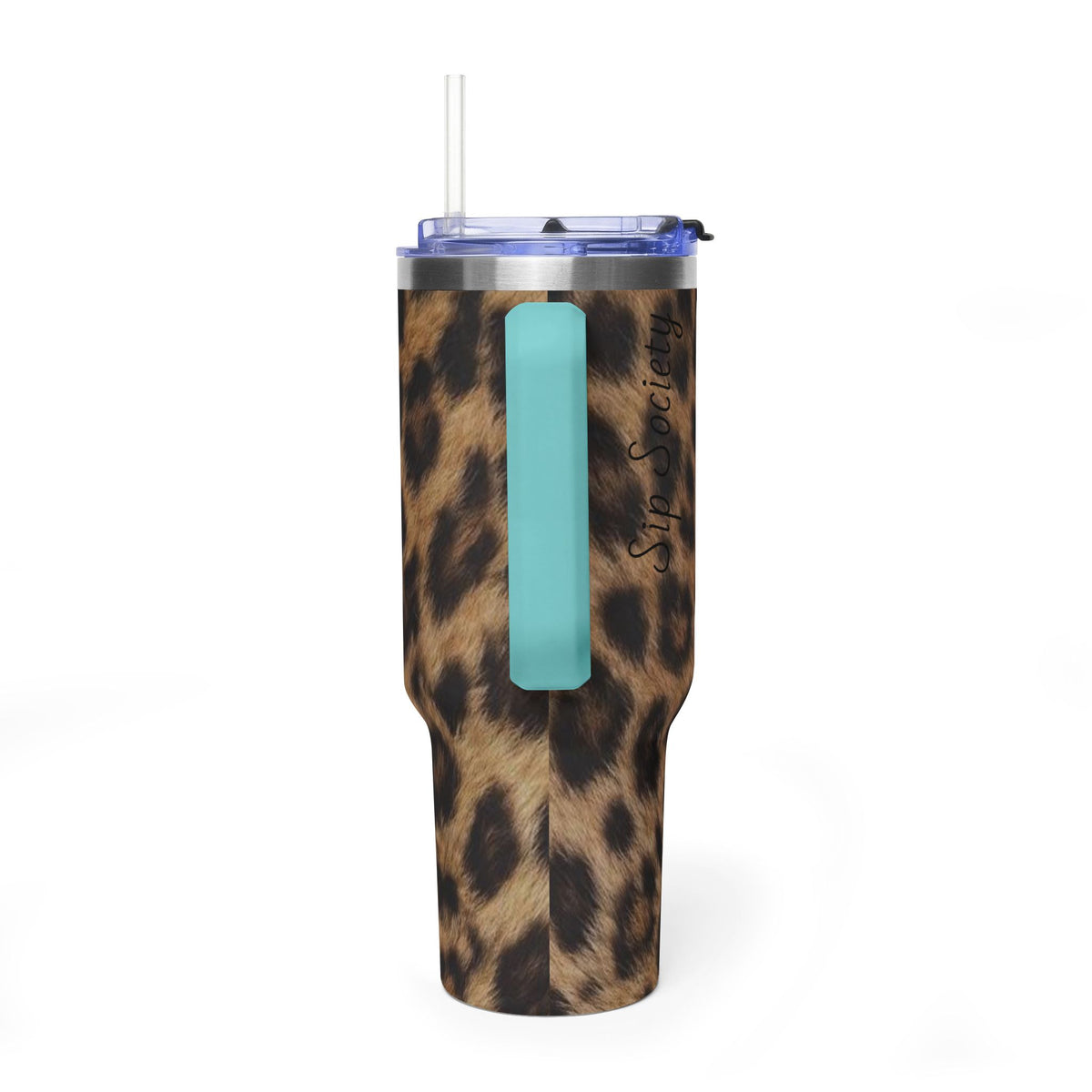 40oz Leopard Print Vacuum Tumbler — Insulated Travel Mug with sip society script