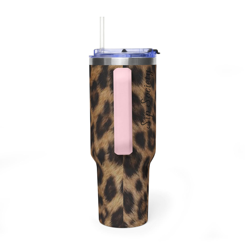 40oz Leopard Print Vacuum Tumbler — Insulated Travel Mug with sip society script