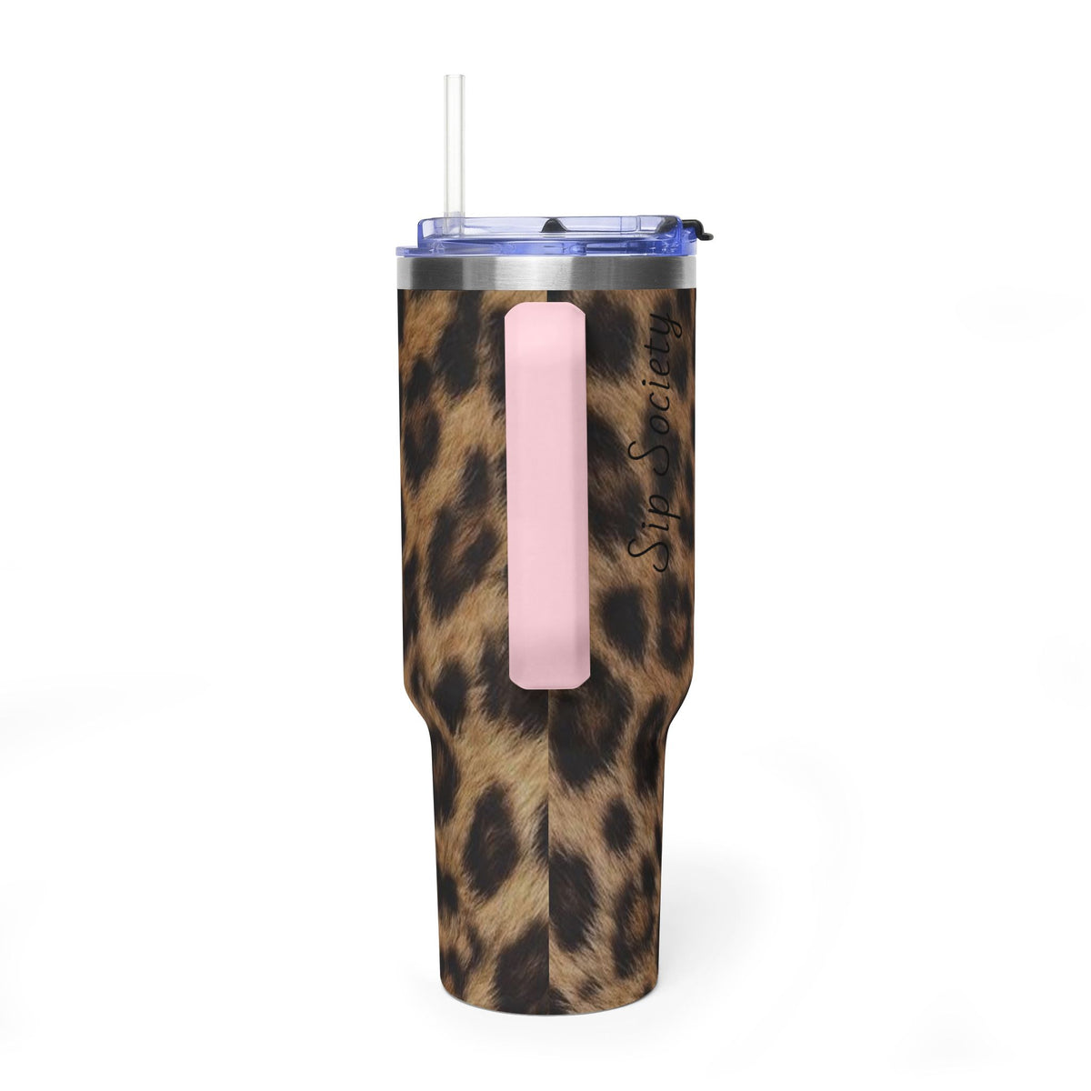 40oz Leopard Print Vacuum Tumbler — Insulated Travel Mug with sip society script