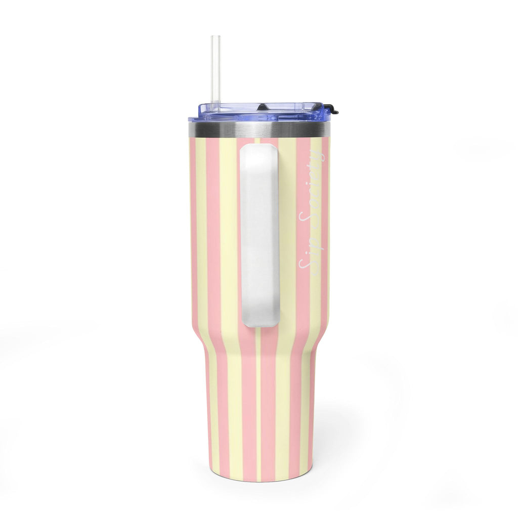 40oz Striped Pastel Travel Tumbler — Pink & Cream Thermal Cup with sip society script