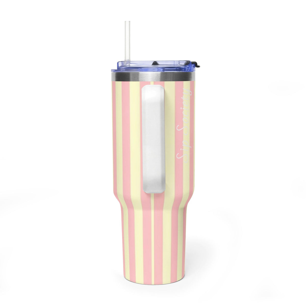 40oz Striped Pastel Travel Tumbler — Pink & Cream Thermal Cup with sip society script