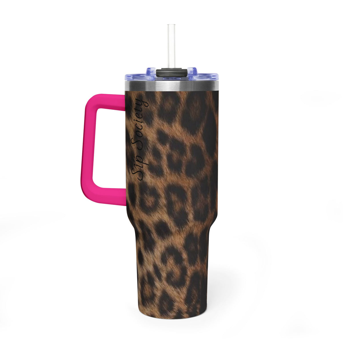 40oz Leopard Print Vacuum Tumbler — Insulated Travel Mug with sip society script