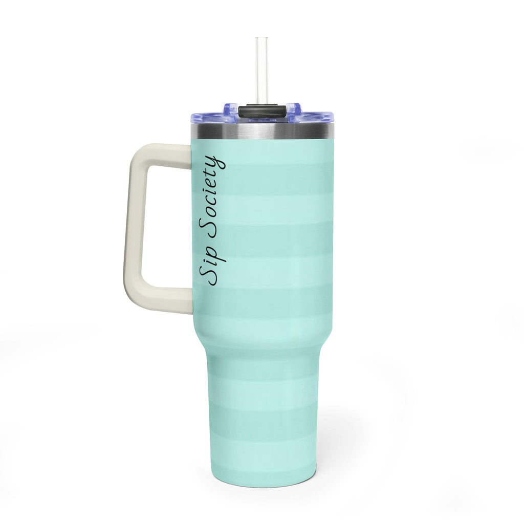 40oz Mint Stripe Vacuum Tumbler — 'Sip Society' Insulated Travel Mug  with sip society script