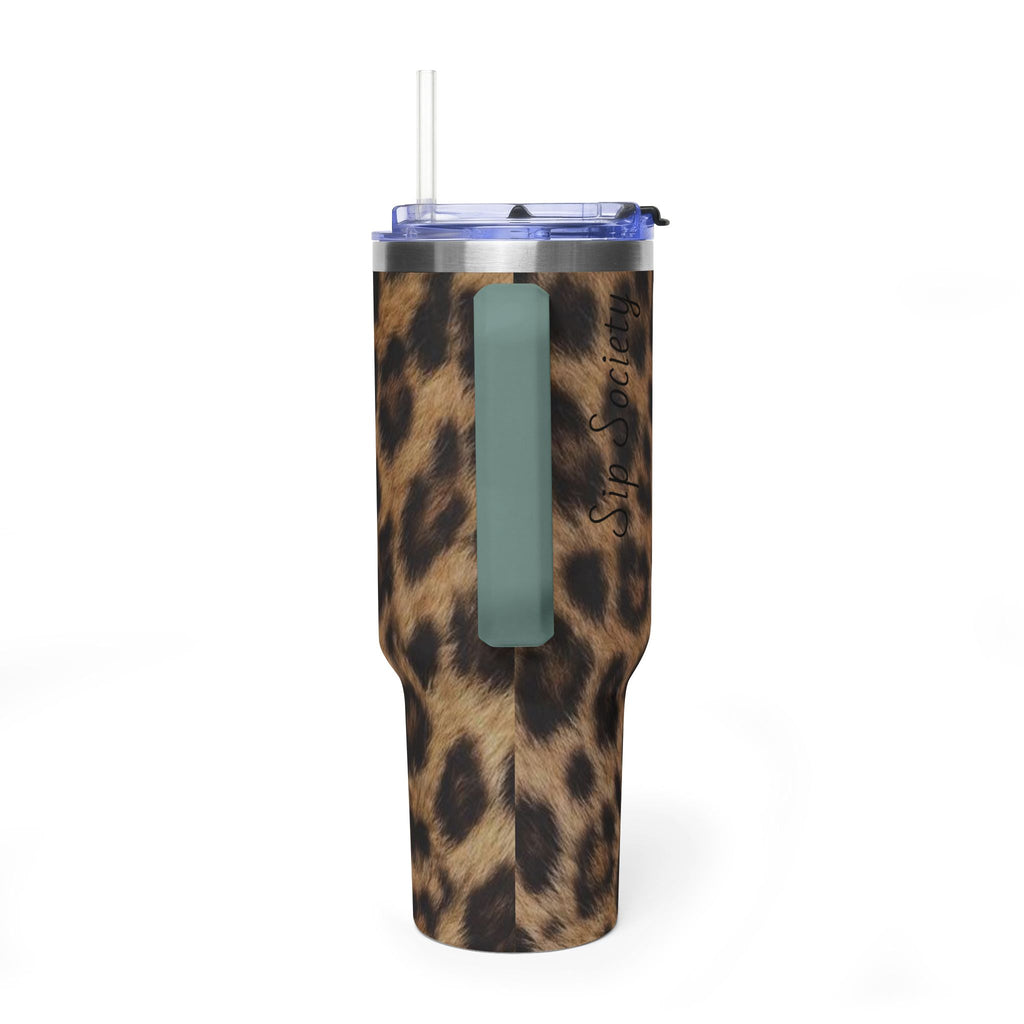 40oz Leopard Print Vacuum Tumbler — Insulated Travel Mug with sip society script