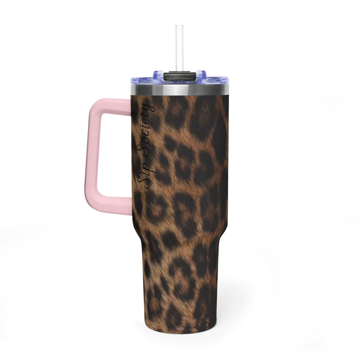 40oz Leopard Print Vacuum Tumbler — Insulated Travel Mug with sip society script