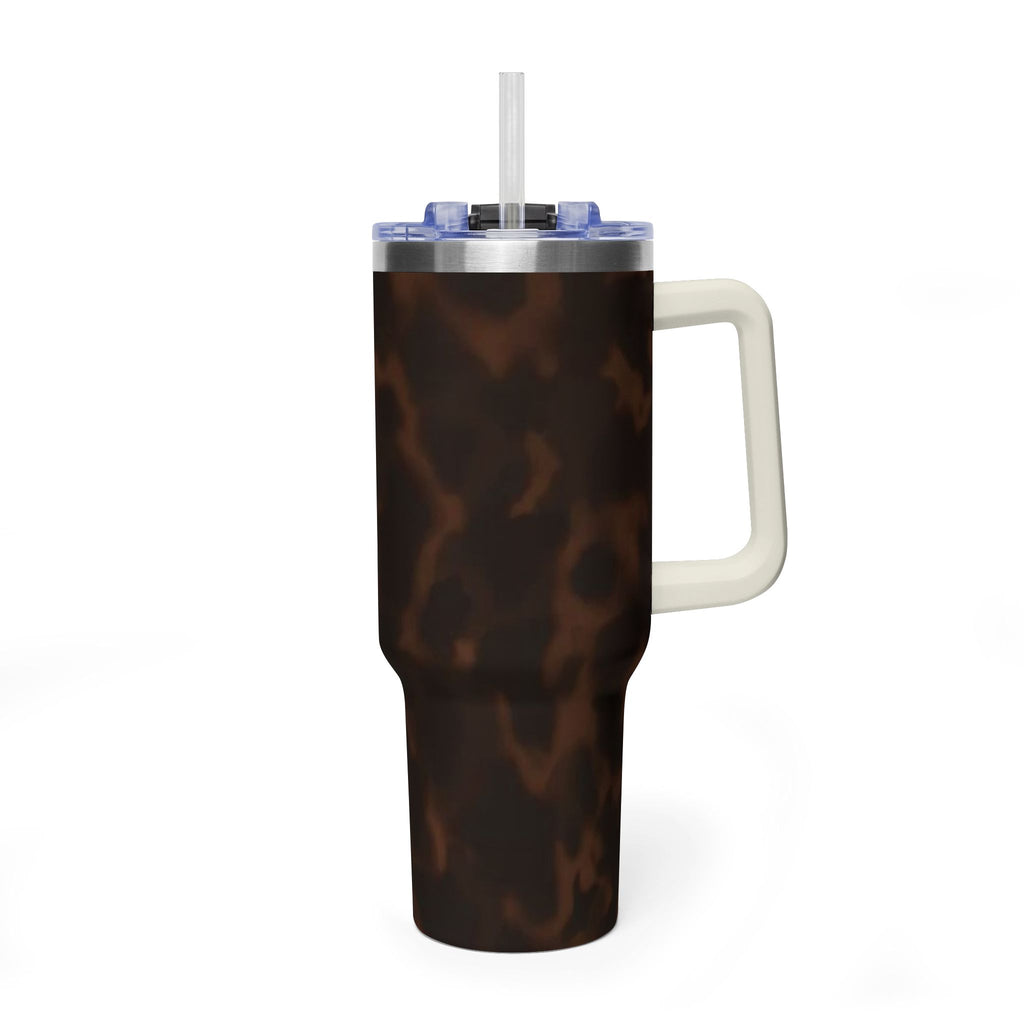 40oz Tumbler - Brown Tortoiseshell Thermal Travel Mug with 'Sip Society' Script