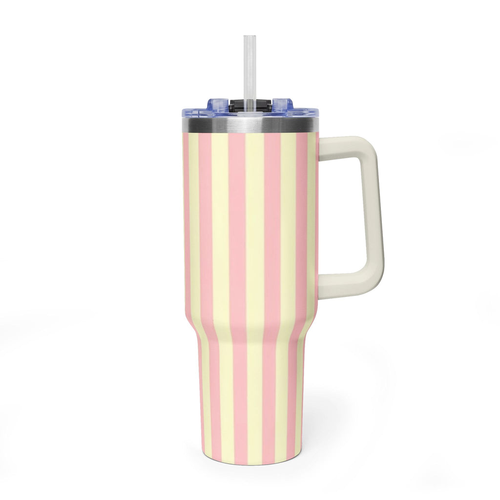 40oz Striped Pastel Travel Tumbler — Pink & Cream Thermal Cup with sip society script