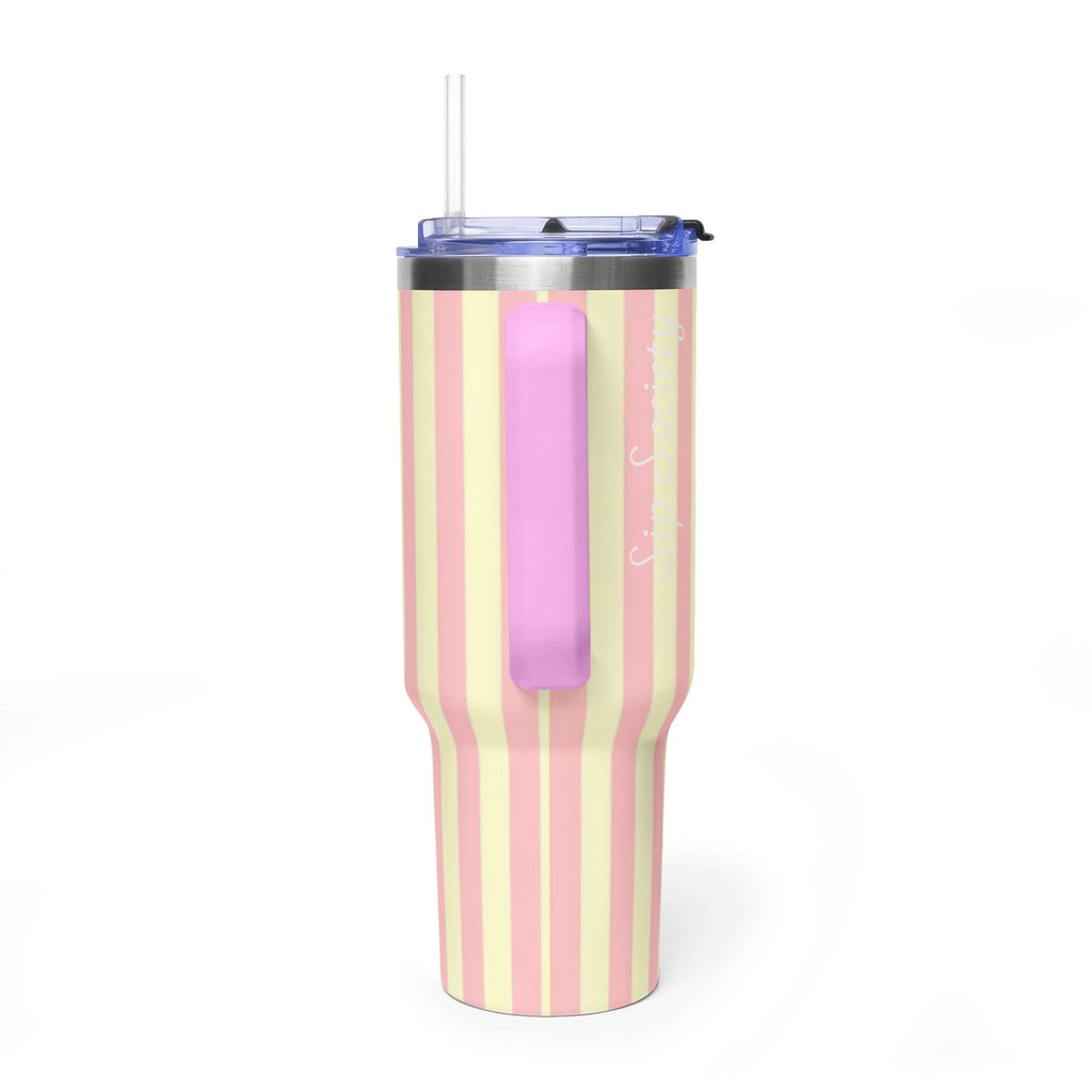 40oz Striped Pastel Travel Tumbler — Pink & Cream Thermal Cup with sip society script