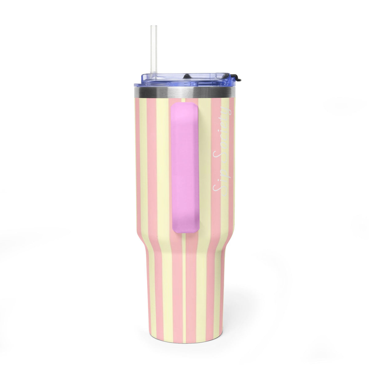 40oz Striped Pastel Travel Tumbler — Pink & Cream Thermal Cup with sip society script