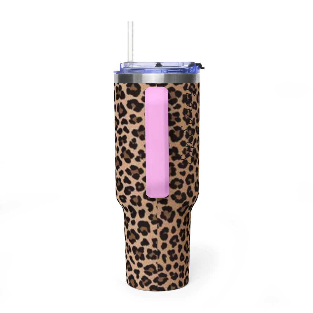 Leopard Print 40oz Vacuum Tumbler - Insulated Travel Mug with sip society script