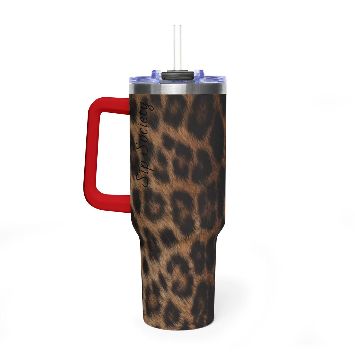 40oz Leopard Print Vacuum Tumbler — Insulated Travel Mug with sip society script