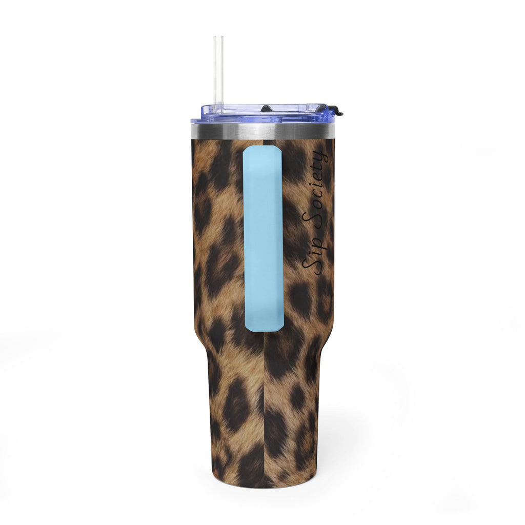 40oz Leopard Print Vacuum Tumbler — Insulated Travel Mug with sip society script