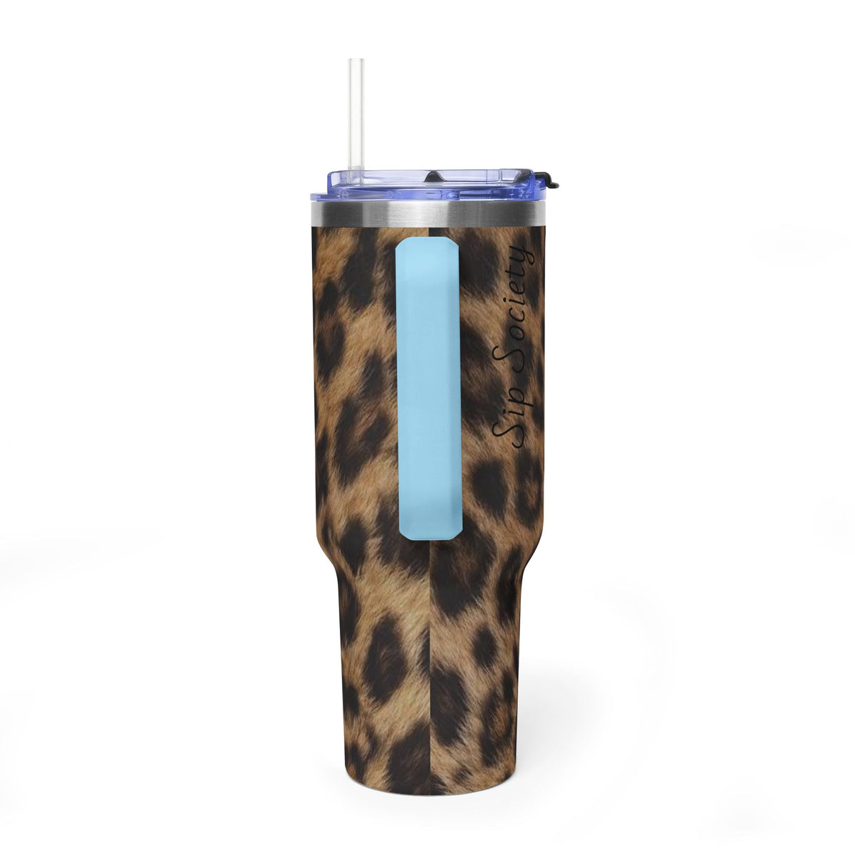 40oz Leopard Print Vacuum Tumbler — Insulated Travel Mug with sip society script