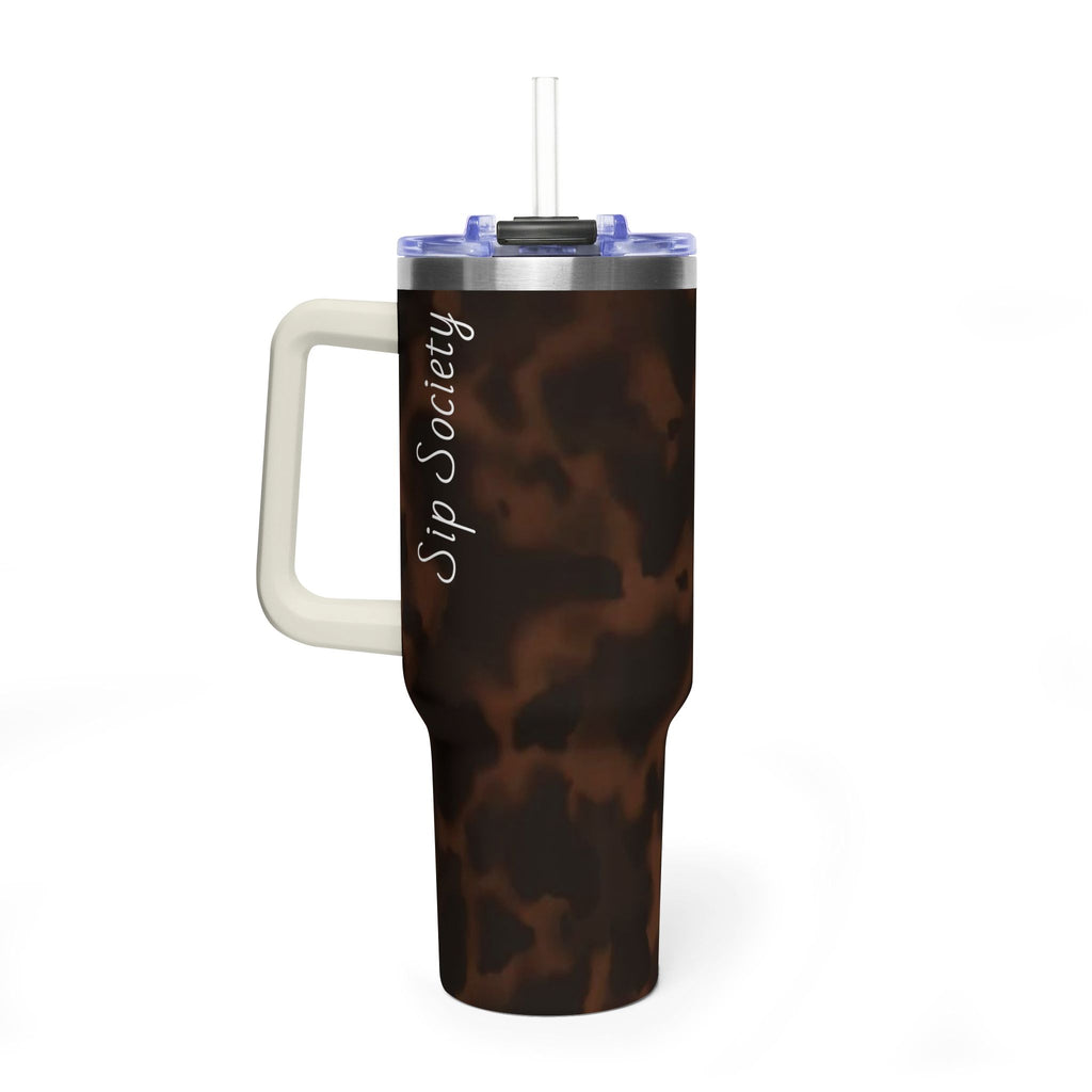 40oz Tumbler - Brown Tortoiseshell Thermal Travel Mug with 'Sip Society' Script