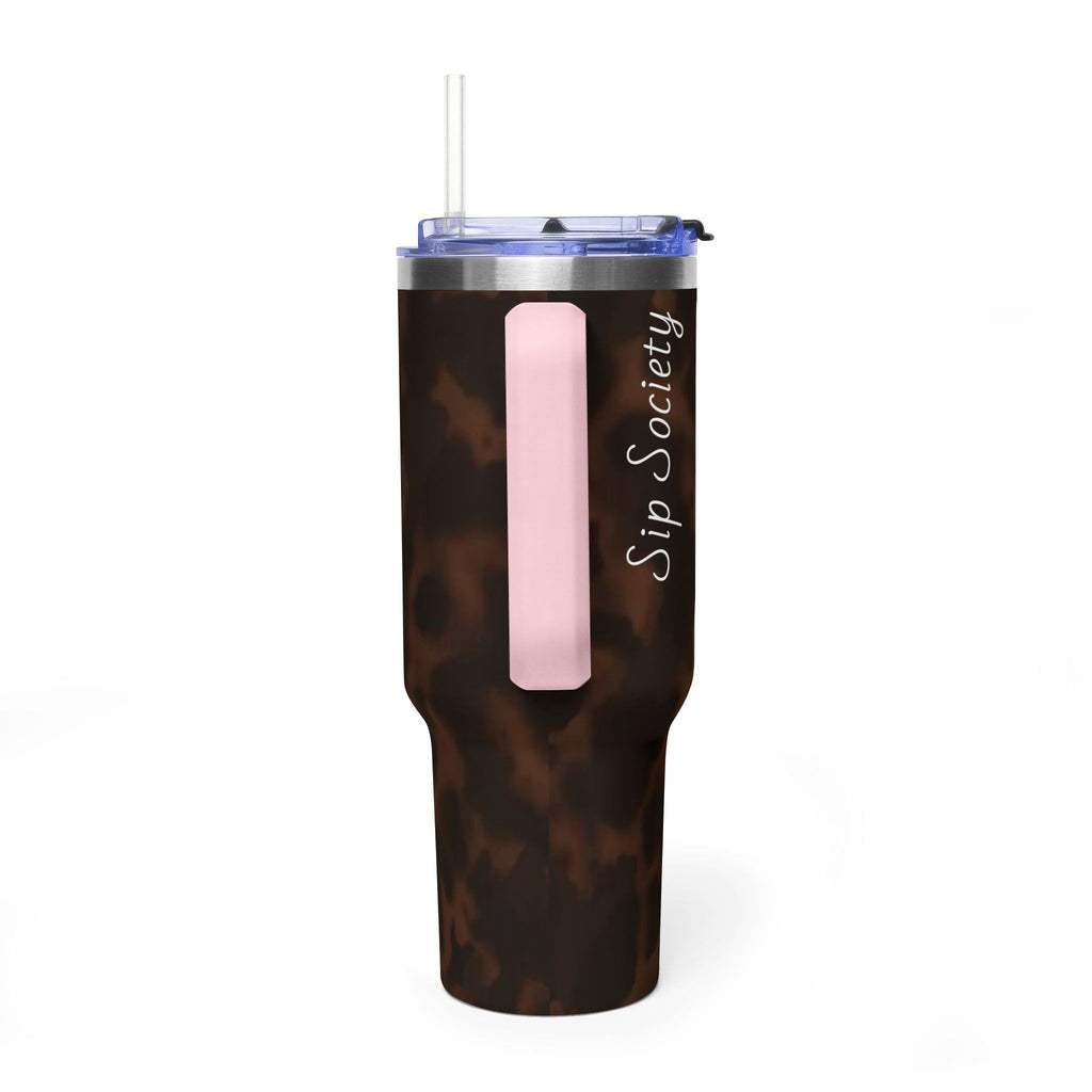 40oz Tumbler - Brown Tortoiseshell Thermal Travel Mug with 'Sip Society' Script