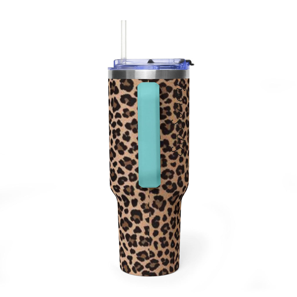 Leopard Print 40oz Vacuum Tumbler - Insulated Travel Mug with sip society script