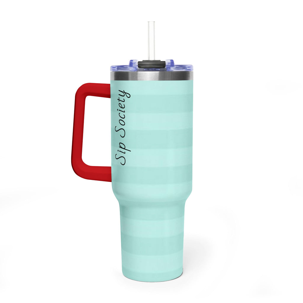 40oz Mint Stripe Vacuum Tumbler — 'Sip Society' Insulated Travel Mug  with sip society script