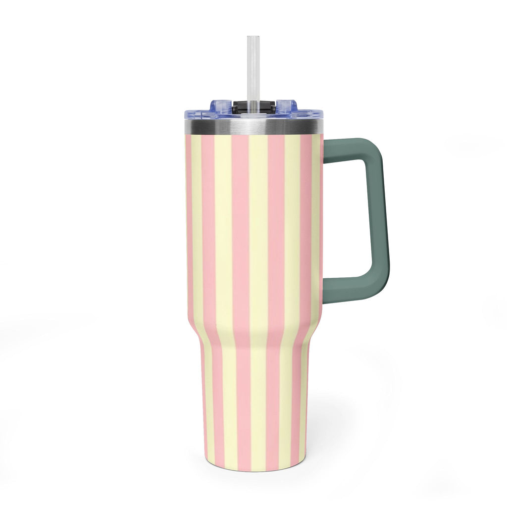 40oz Striped Pastel Travel Tumbler — Pink & Cream Thermal Cup with sip society script