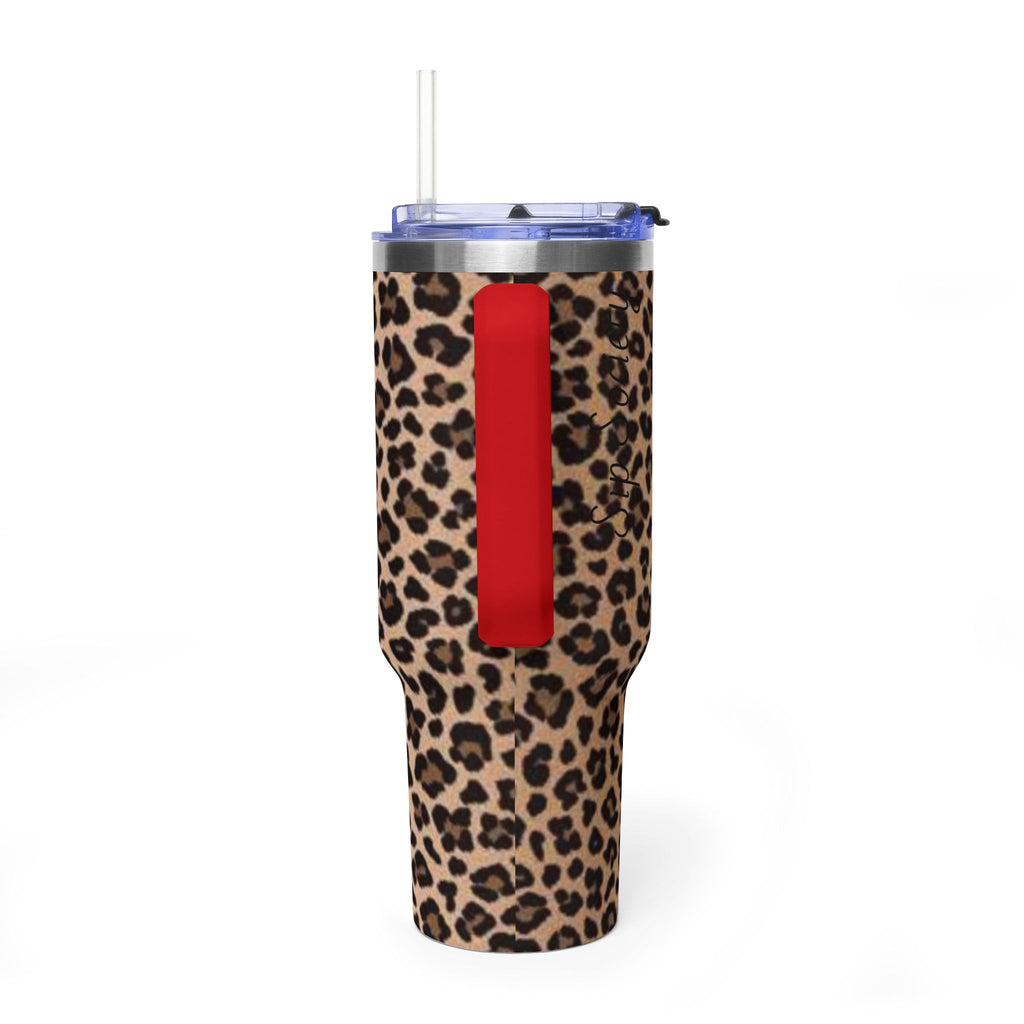 Leopard Print 40oz Vacuum Tumbler - Insulated Travel Mug with sip society script