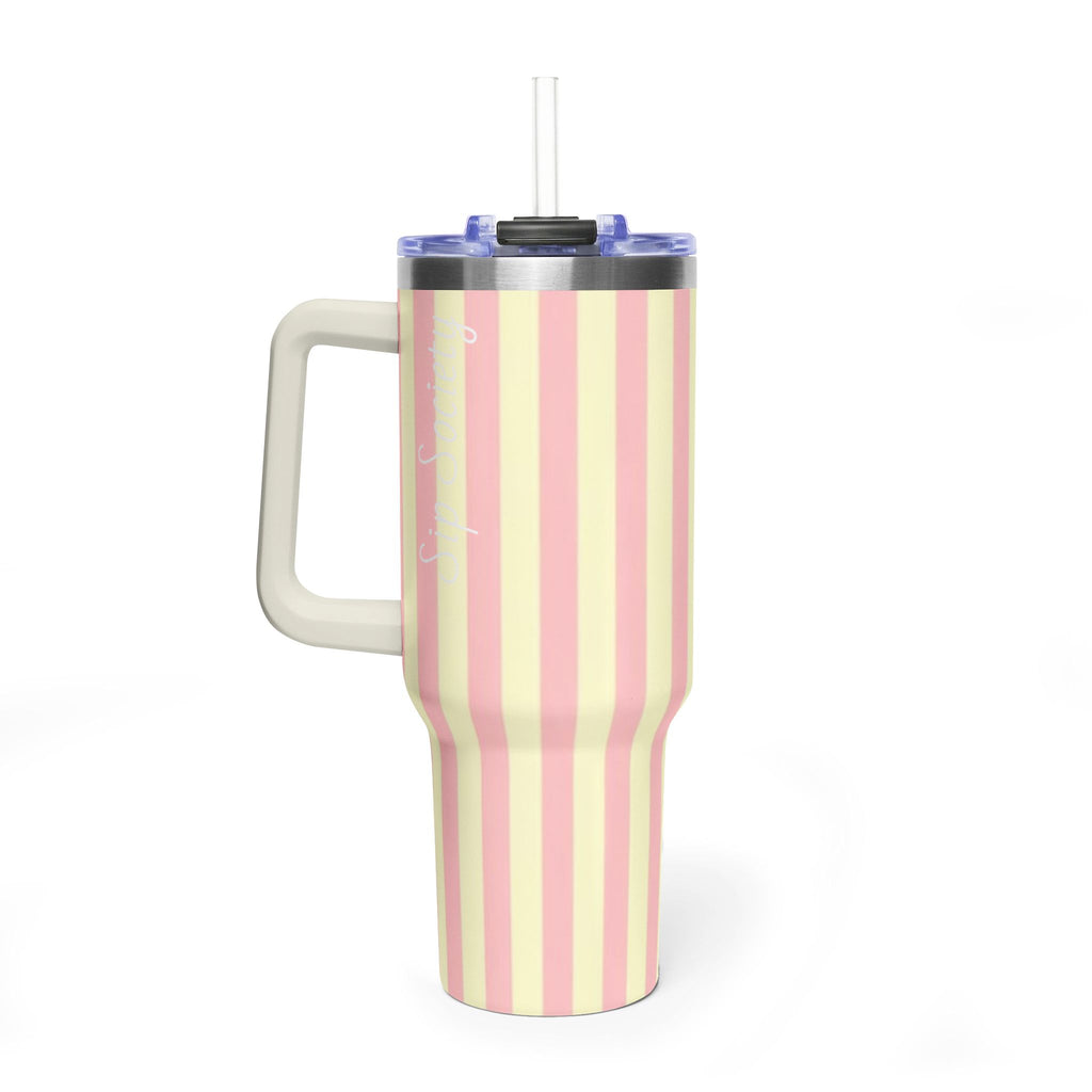 40oz Striped Pastel Travel Tumbler — Pink & Cream Thermal Cup with sip society script