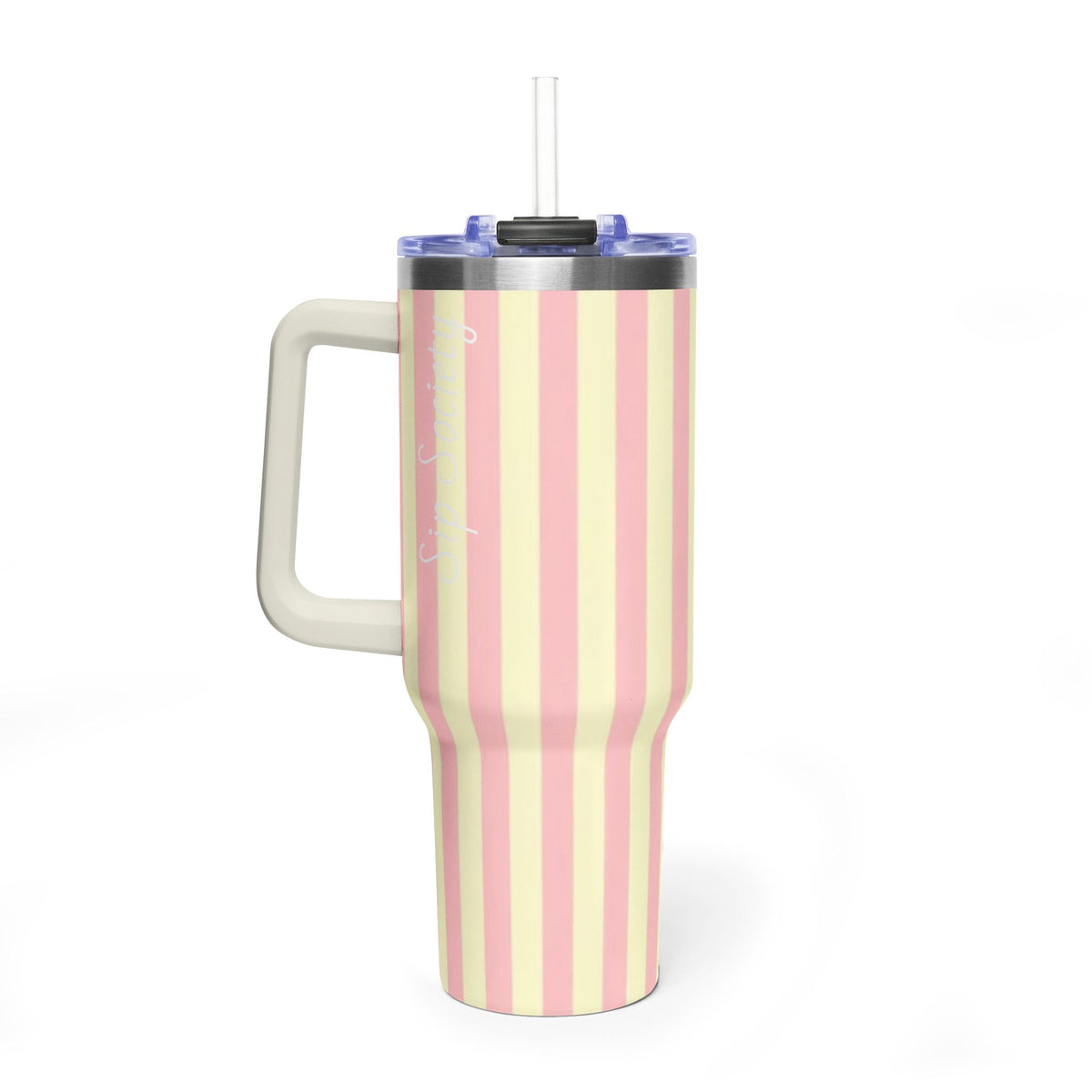 40oz Striped Pastel Travel Tumbler — Pink & Cream Thermal Cup with sip society script