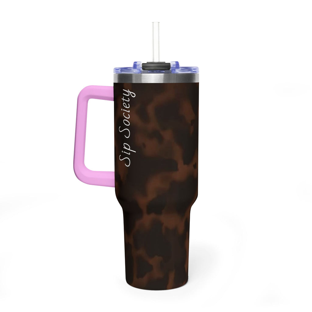 40oz Tumbler - Brown Tortoiseshell Thermal Travel Mug with 'Sip Society' Script
