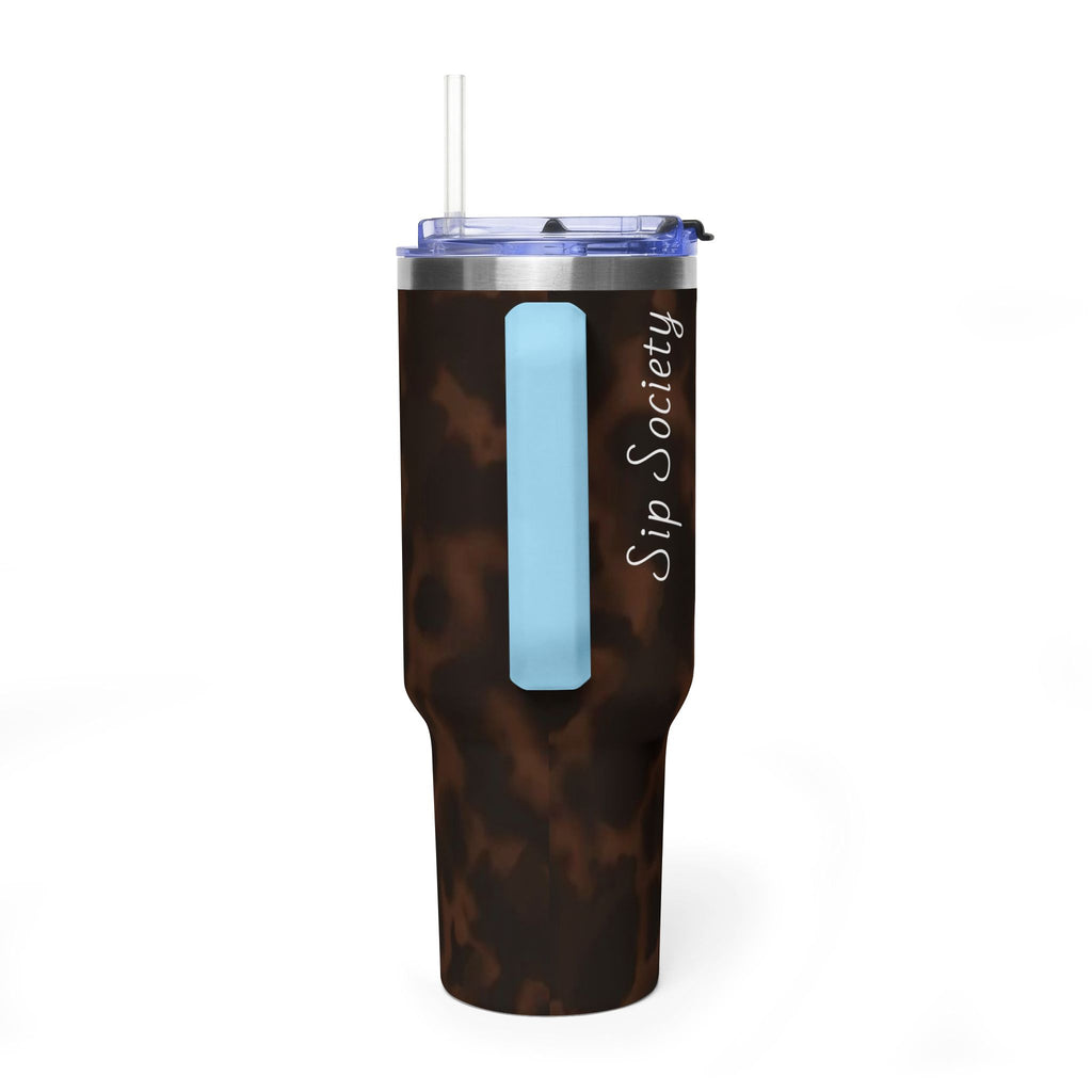 40oz Tumbler - Brown Tortoiseshell Thermal Travel Mug with 'Sip Society' Script