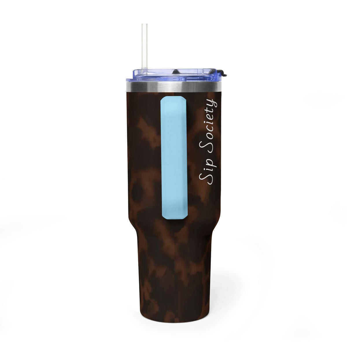 40oz Tumbler - Brown Tortoiseshell Thermal Travel Mug with 'Sip Society' Script