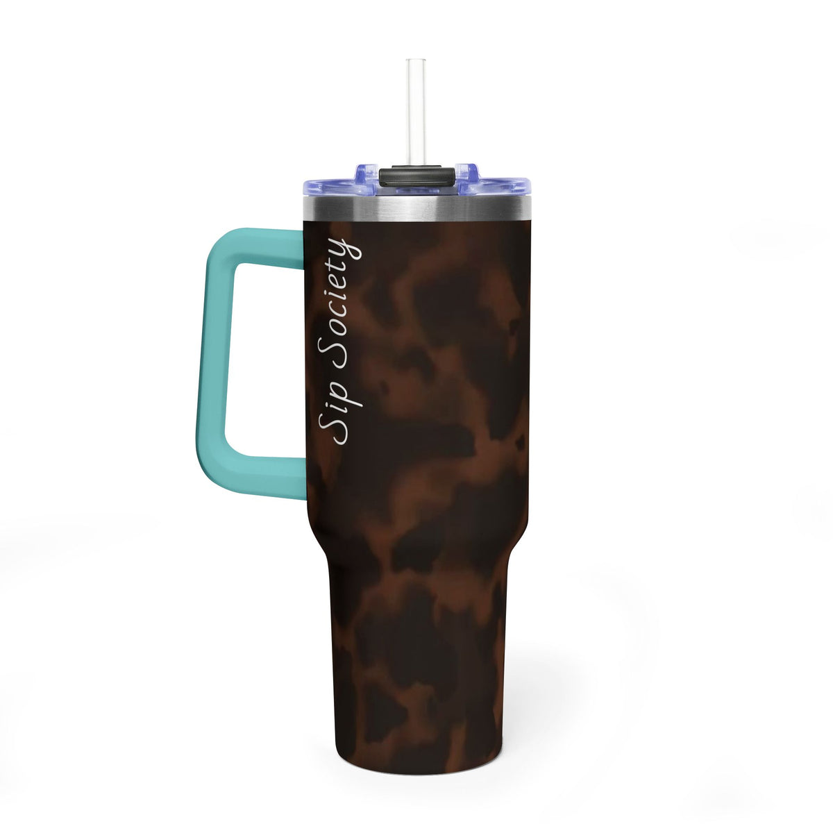 40oz Tumbler - Brown Tortoiseshell Thermal Travel Mug with 'Sip Society' Script