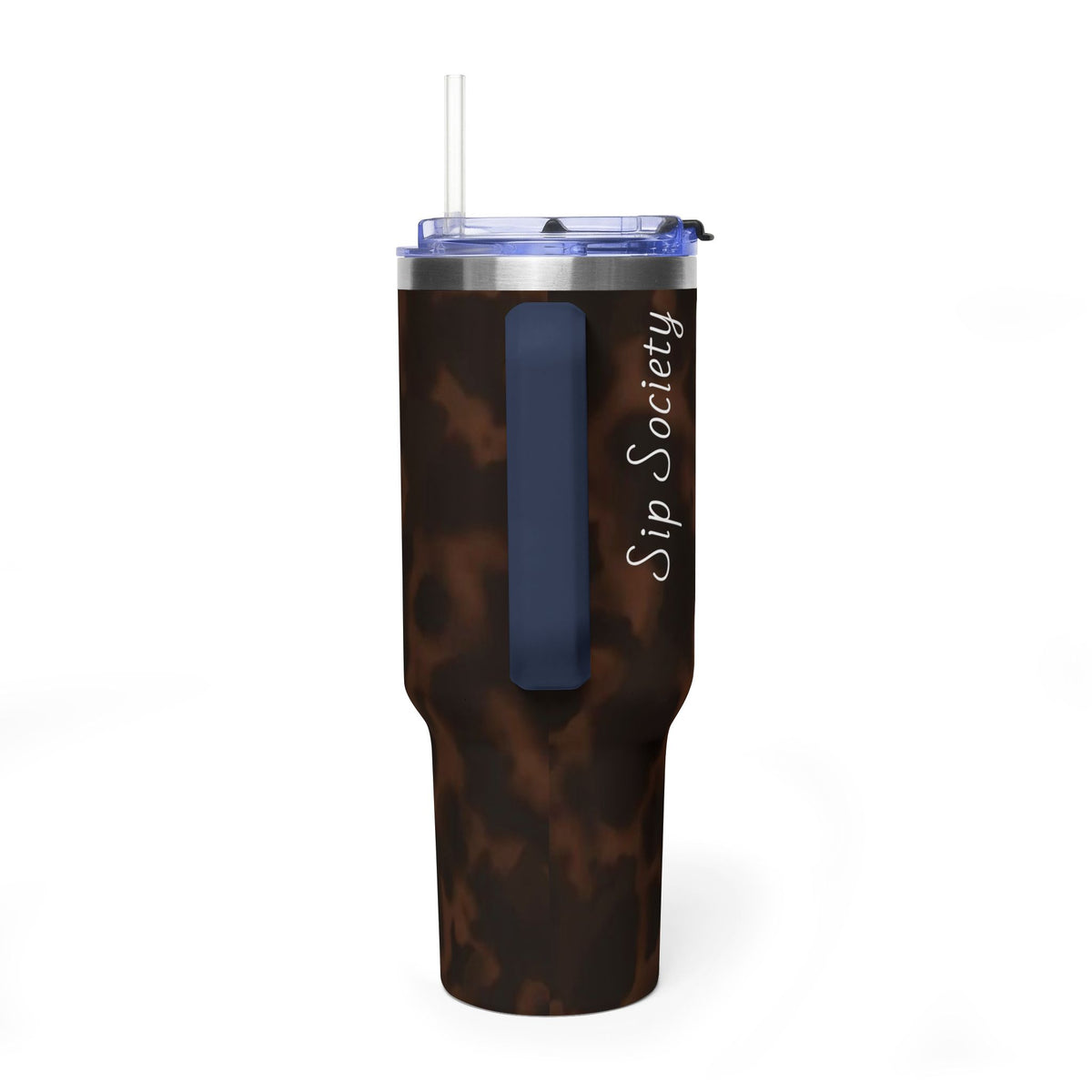 40oz Tumbler - Brown Tortoiseshell Thermal Travel Mug with 'Sip Society' Script
