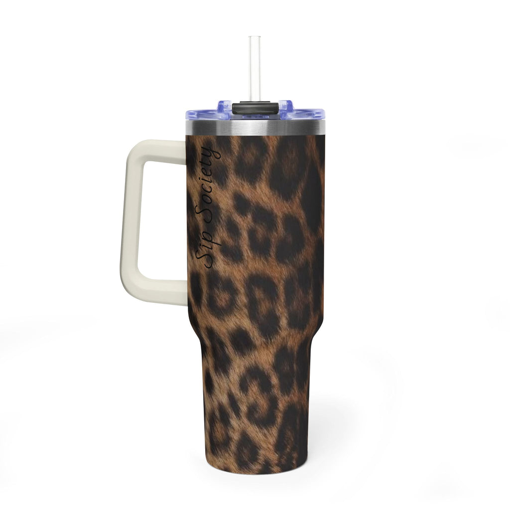 40oz Leopard Print Vacuum Tumbler — Insulated Travel Mug with sip society script