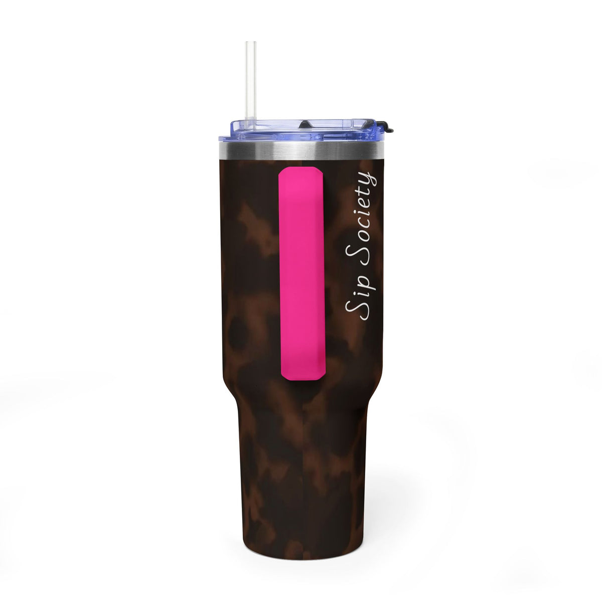 40oz Tumbler - Brown Tortoiseshell Thermal Travel Mug with 'Sip Society' Script