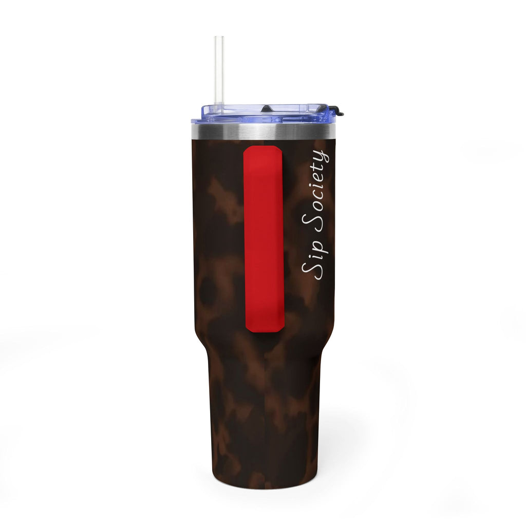 40oz Tumbler - Brown Tortoiseshell Thermal Travel Mug with 'Sip Society' Script