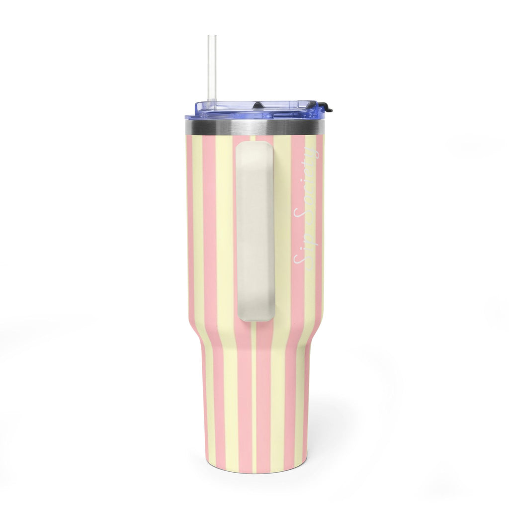 40oz Striped Pastel Travel Tumbler — Pink & Cream Thermal Cup with sip society script