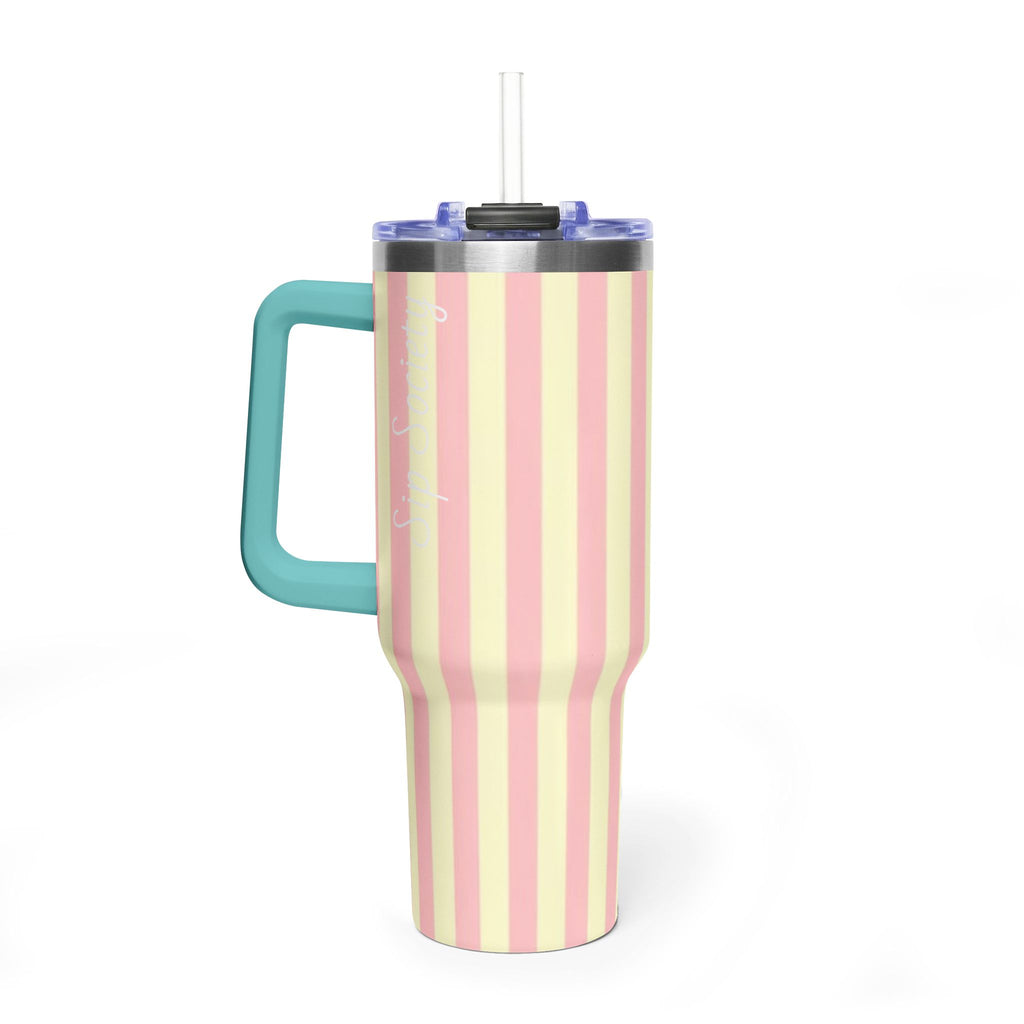 40oz Striped Pastel Travel Tumbler — Pink & Cream Thermal Cup with sip society script