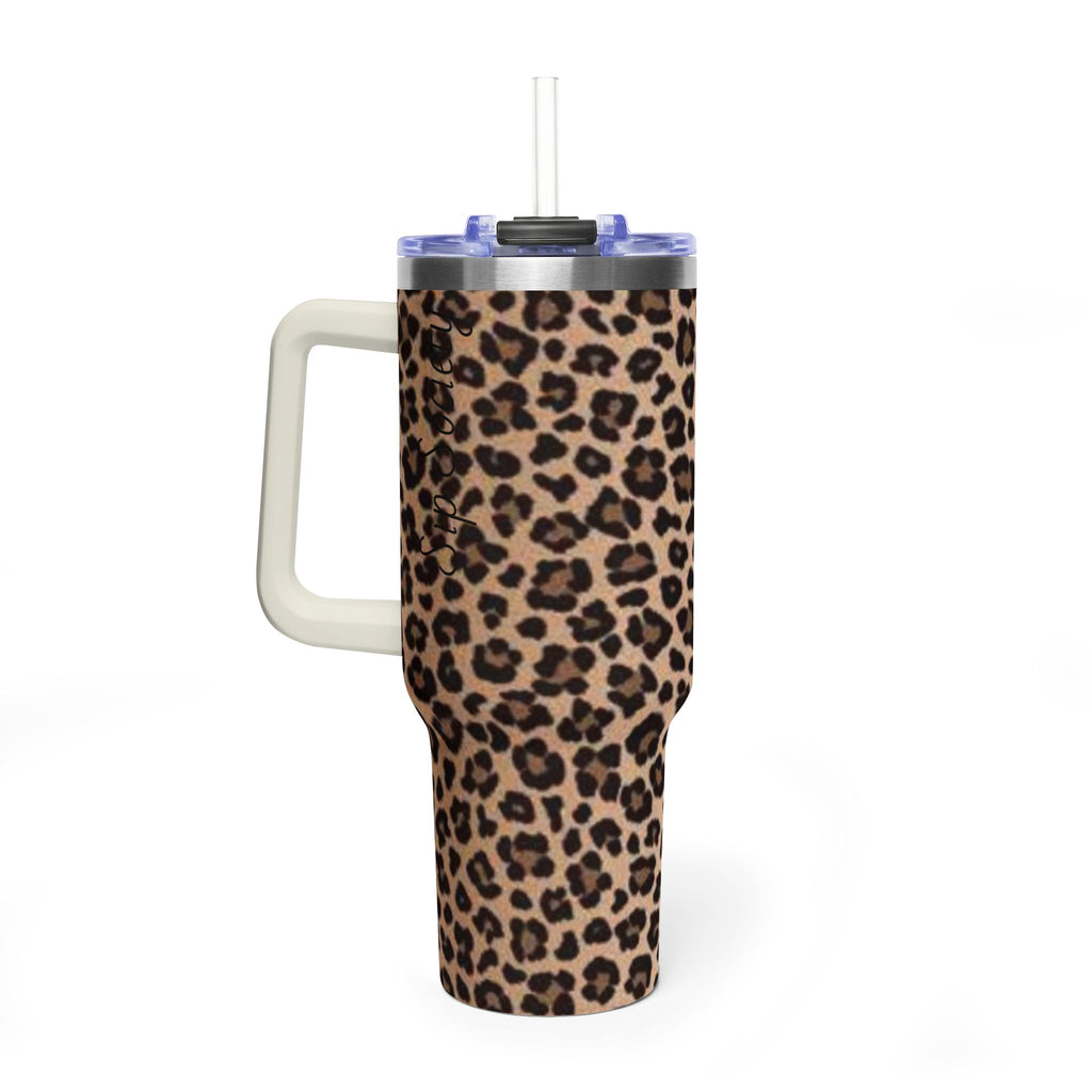 Leopard Print 40oz Vacuum Tumbler - Insulated Travel Mug with sip society script