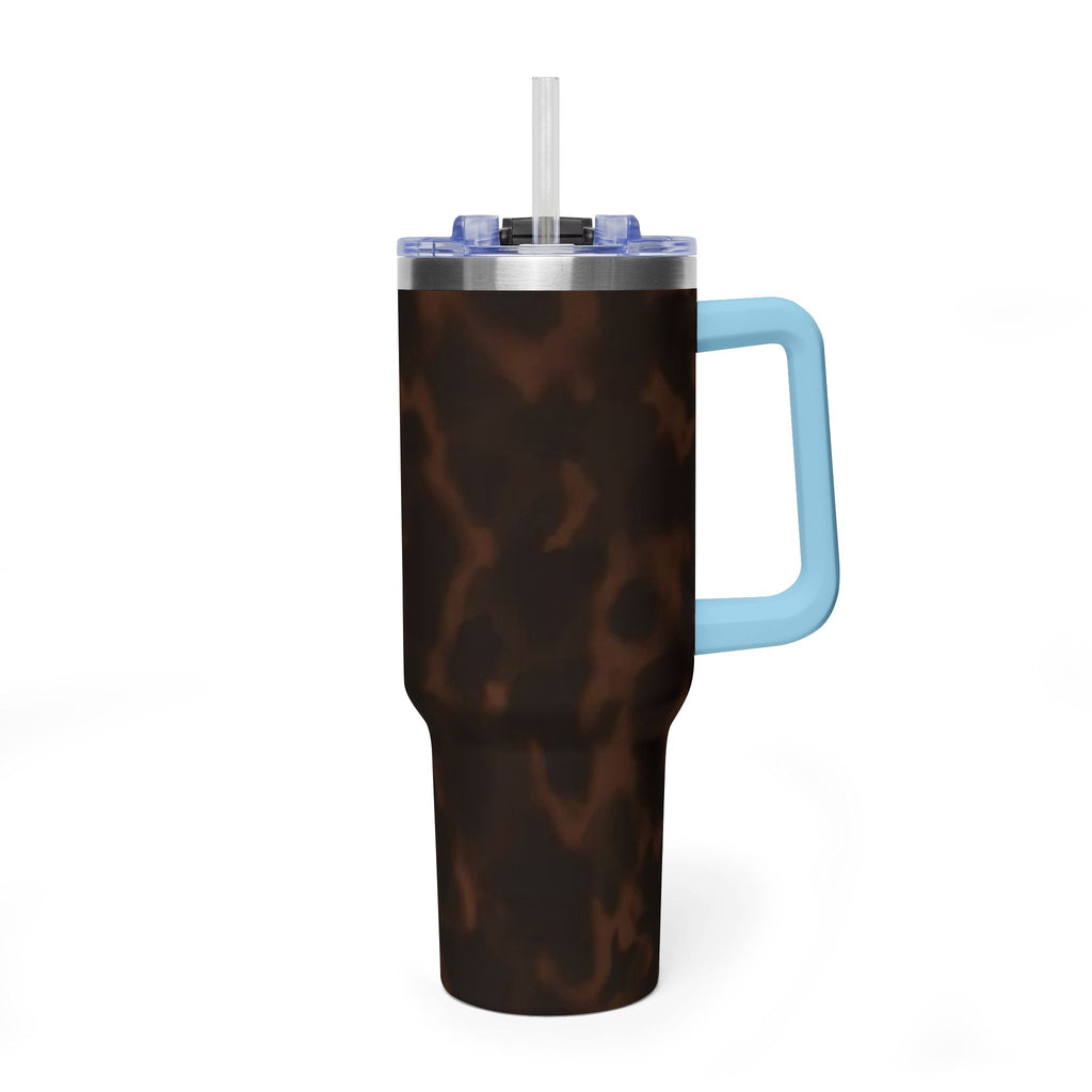 40oz Tumbler - Brown Tortoiseshell Thermal Travel Mug with 'Sip Society' Script