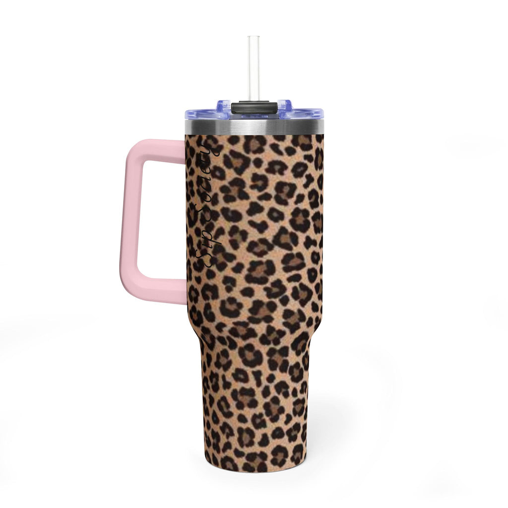Leopard Print 40oz Vacuum Tumbler - Insulated Travel Mug with sip society script