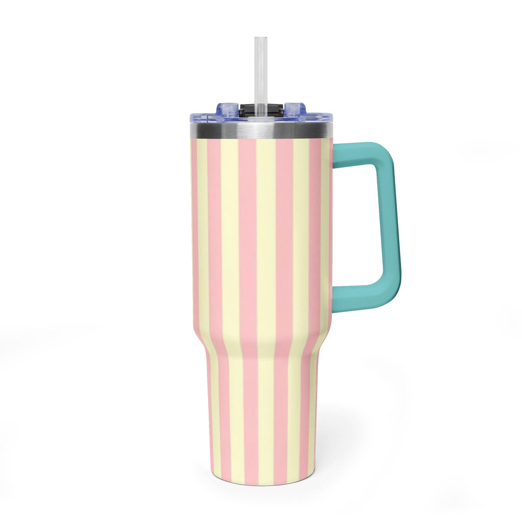 40oz Striped Pastel Travel Tumbler — Pink & Cream Thermal Cup with sip society script