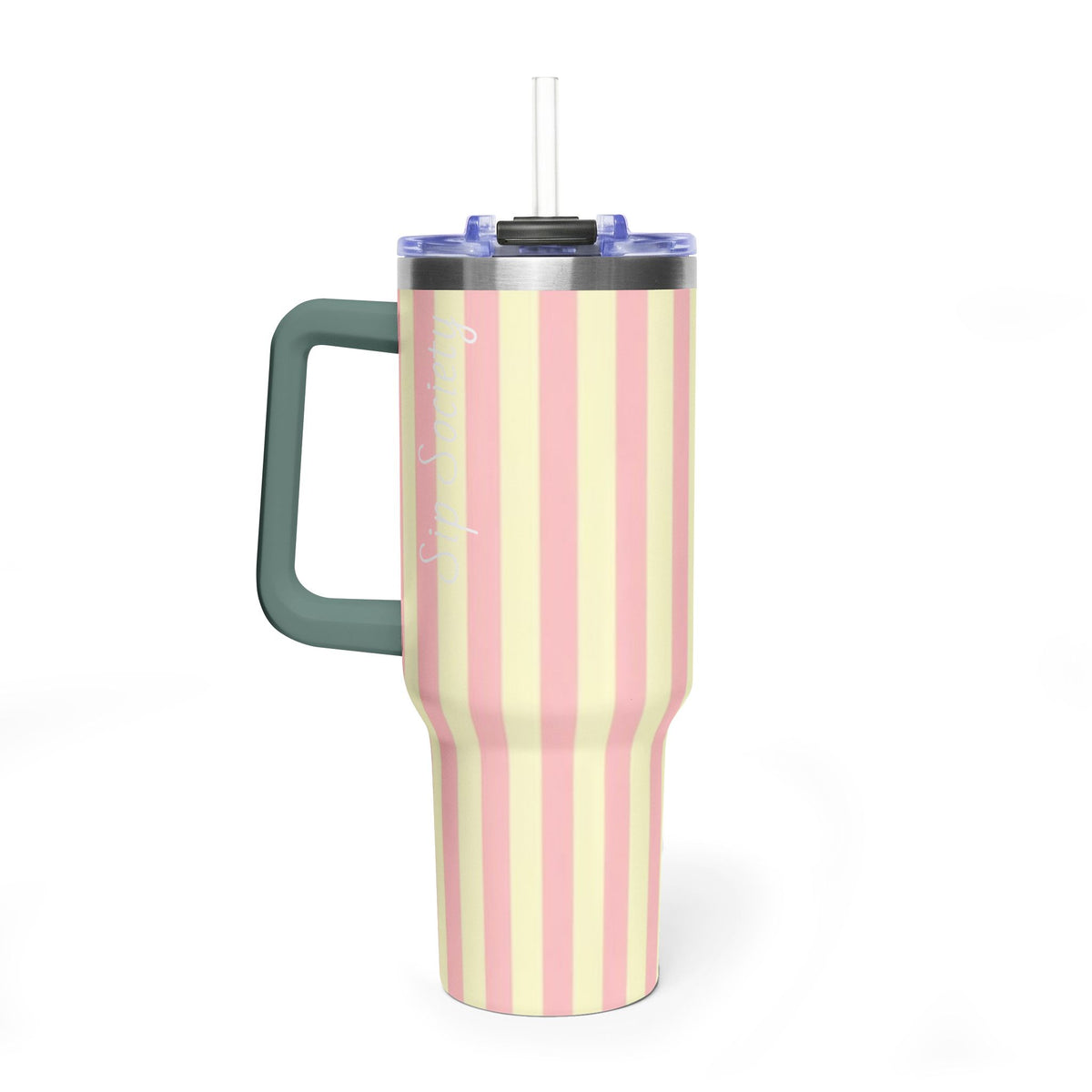 40oz Striped Pastel Travel Tumbler — Pink & Cream Thermal Cup with sip society script
