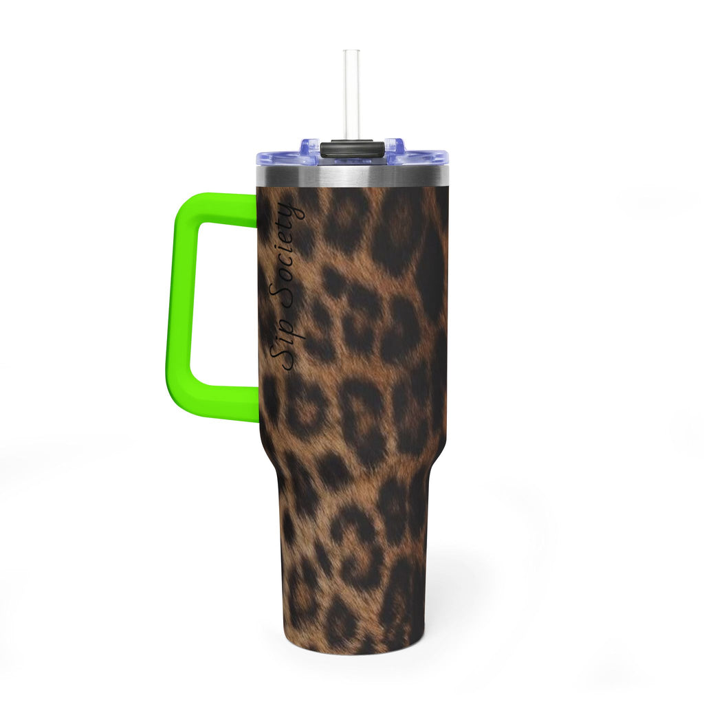 40oz Leopard Print Vacuum Tumbler — Insulated Travel Mug with sip society script
