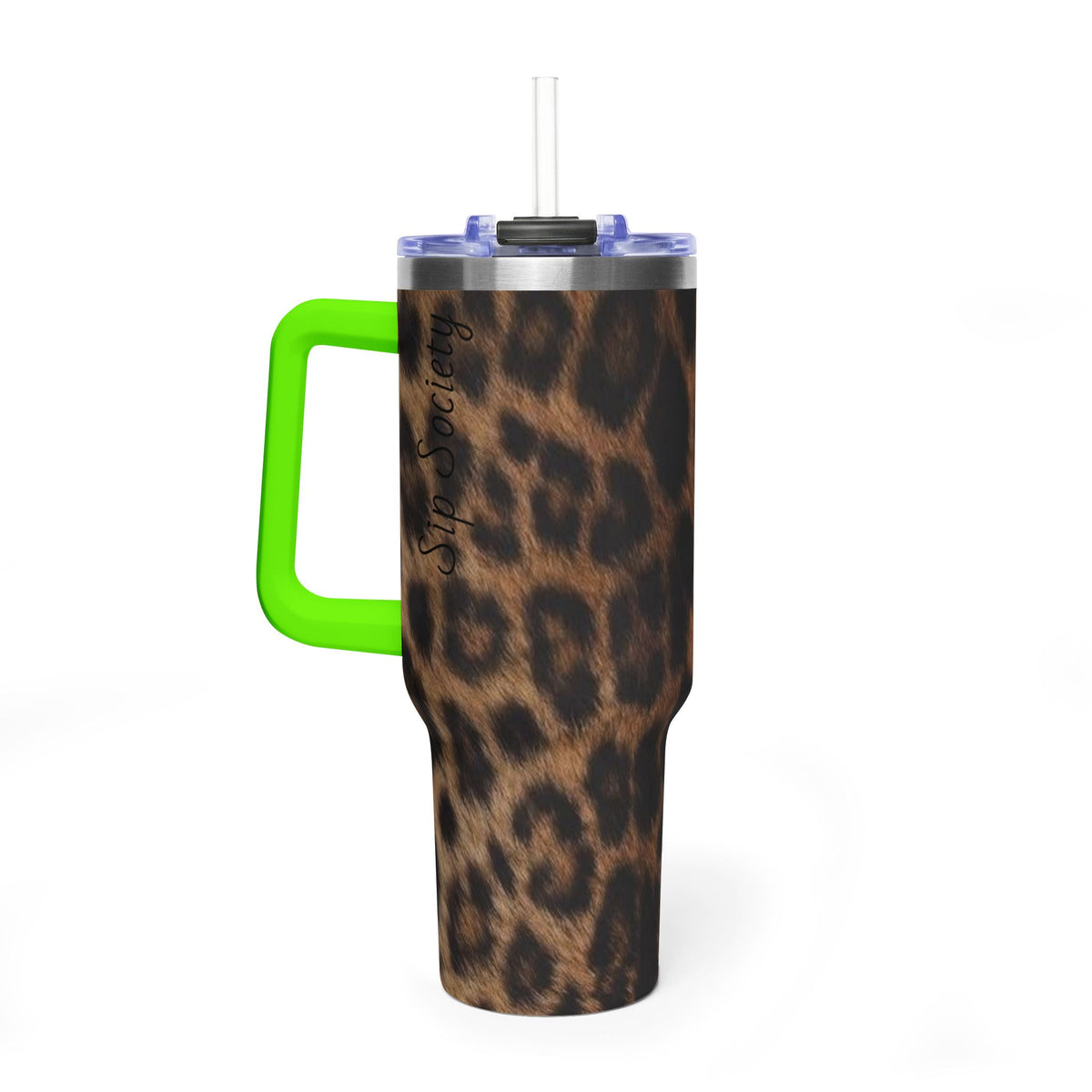 40oz Leopard Print Vacuum Tumbler — Insulated Travel Mug with sip society script