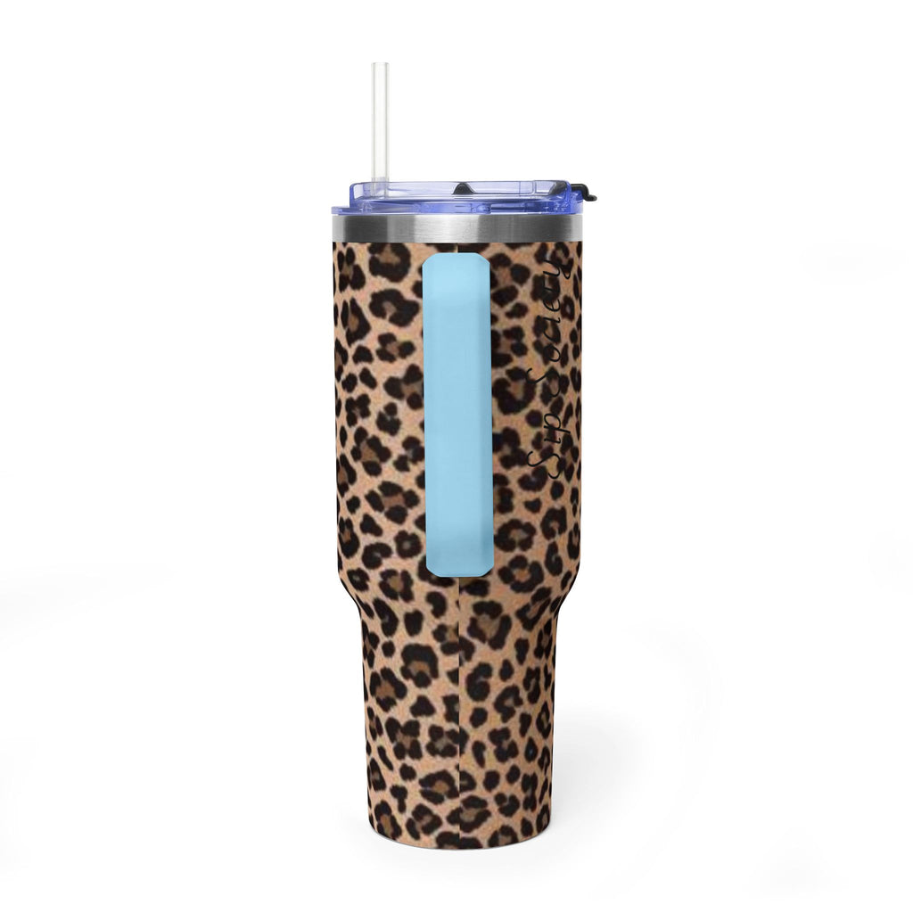 Leopard Print 40oz Vacuum Tumbler - Insulated Travel Mug with sip society script