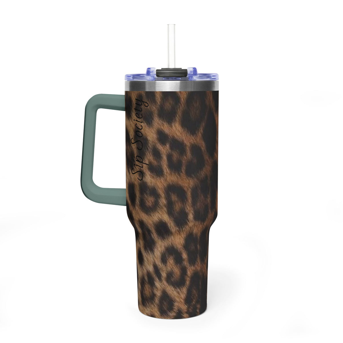 40oz Leopard Print Vacuum Tumbler — Insulated Travel Mug with sip society script