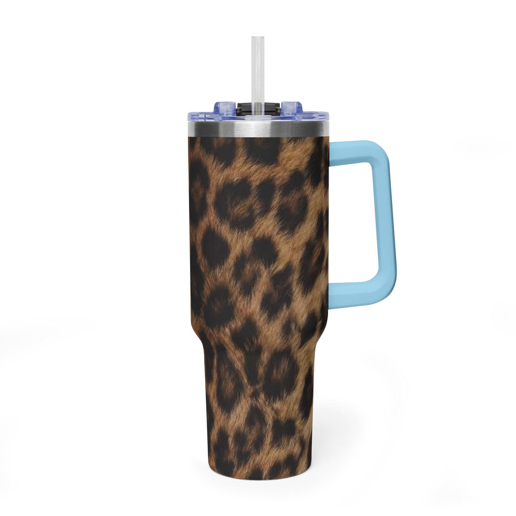 40oz Leopard Print Vacuum Tumbler — Insulated Travel Mug with sip society script