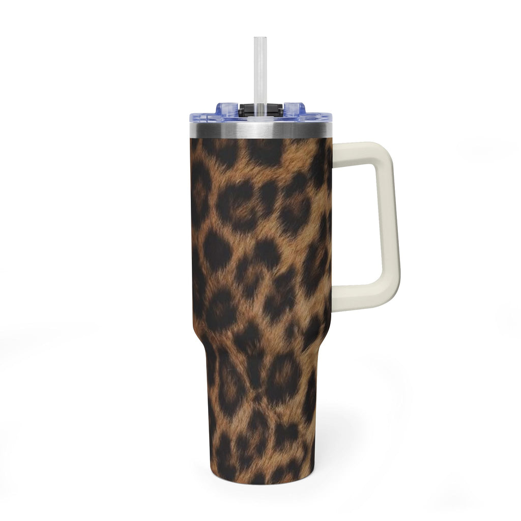 40oz Leopard Print Vacuum Tumbler — Insulated Travel Mug with sip society script