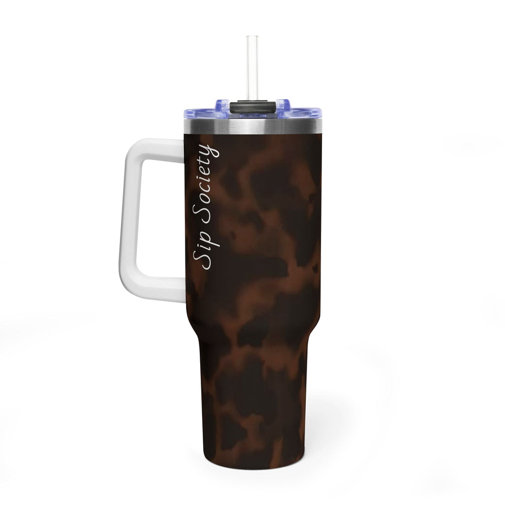 40oz Tumbler - Brown Tortoiseshell Thermal Travel Mug with 'Sip Society' Script