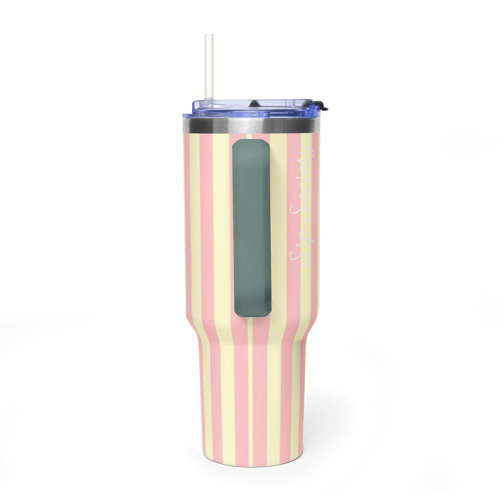 40oz Striped Pastel Travel Tumbler — Pink & Cream Thermal Cup with sip society script